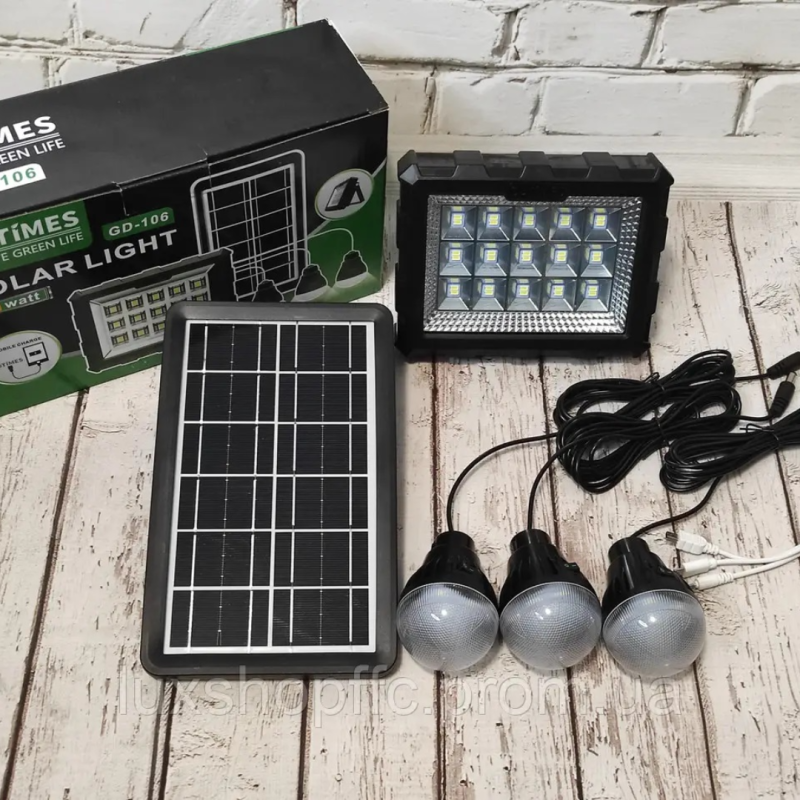 Sistem de iluminat GD-106 multifunctional cu panou solar, un felinar,3 becuri USB, cu baterie
