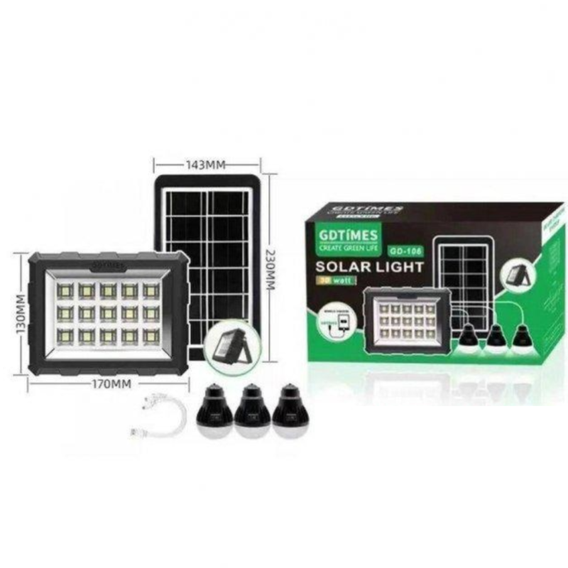 Sistem de iluminat GD-106 multifunctional cu panou solar, un felinar,3 becuri USB, cu baterie