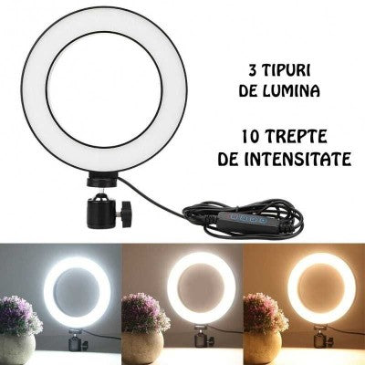 Lampa circulara LED cu trepied si suport de telefon