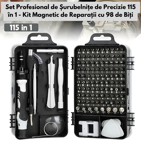 Set Profesional de Surubelnite de Precizie, 115 in 1 - Kit Magnetic de Reparatii cu 98 de Biti+CADOU Lanterna de cap LED,profesionala