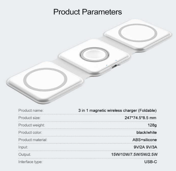 Incarcator 3 in 1, Incarcare wireless 15W, Pliabil, Alb